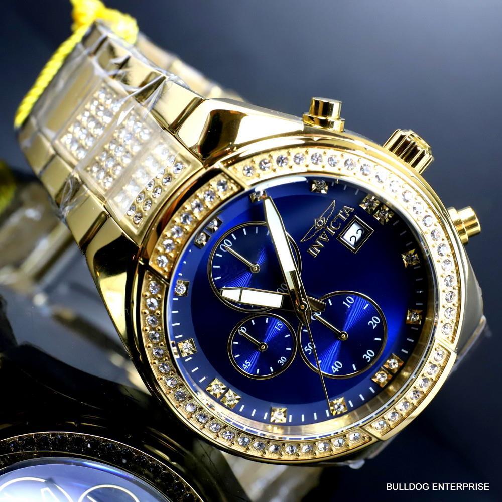 Invicta Specialty Crystal Accented Gold Plated Steel Blue 45mm Chrono Watch New