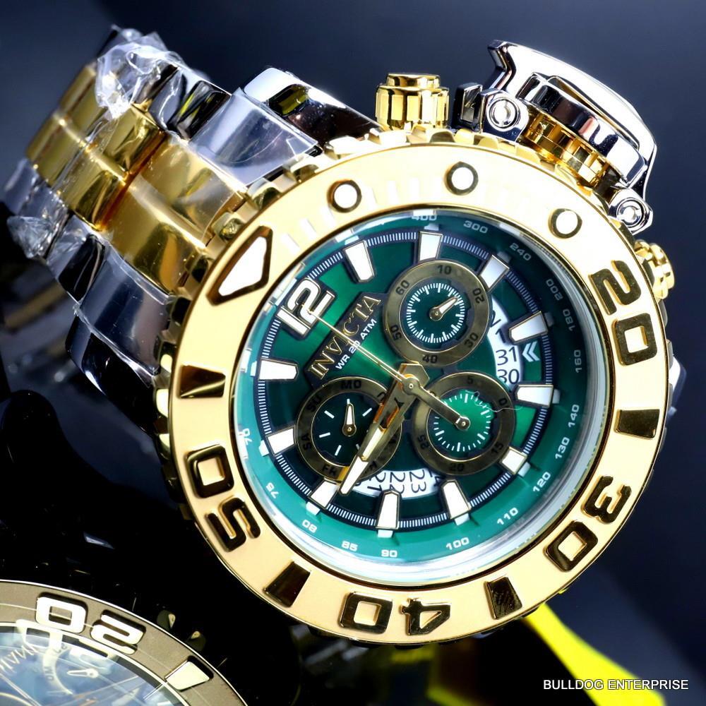Men's Invicta Sea Hunter Gen II Green 2 Tone Gold Plated 70mm Swiss Watch New