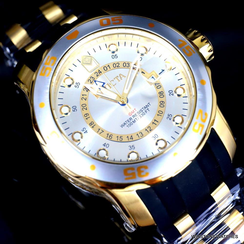 Invicta Pro Diver Scuba GMT Silver Tone Dial 18kt Gold Plated 49mm Watch New