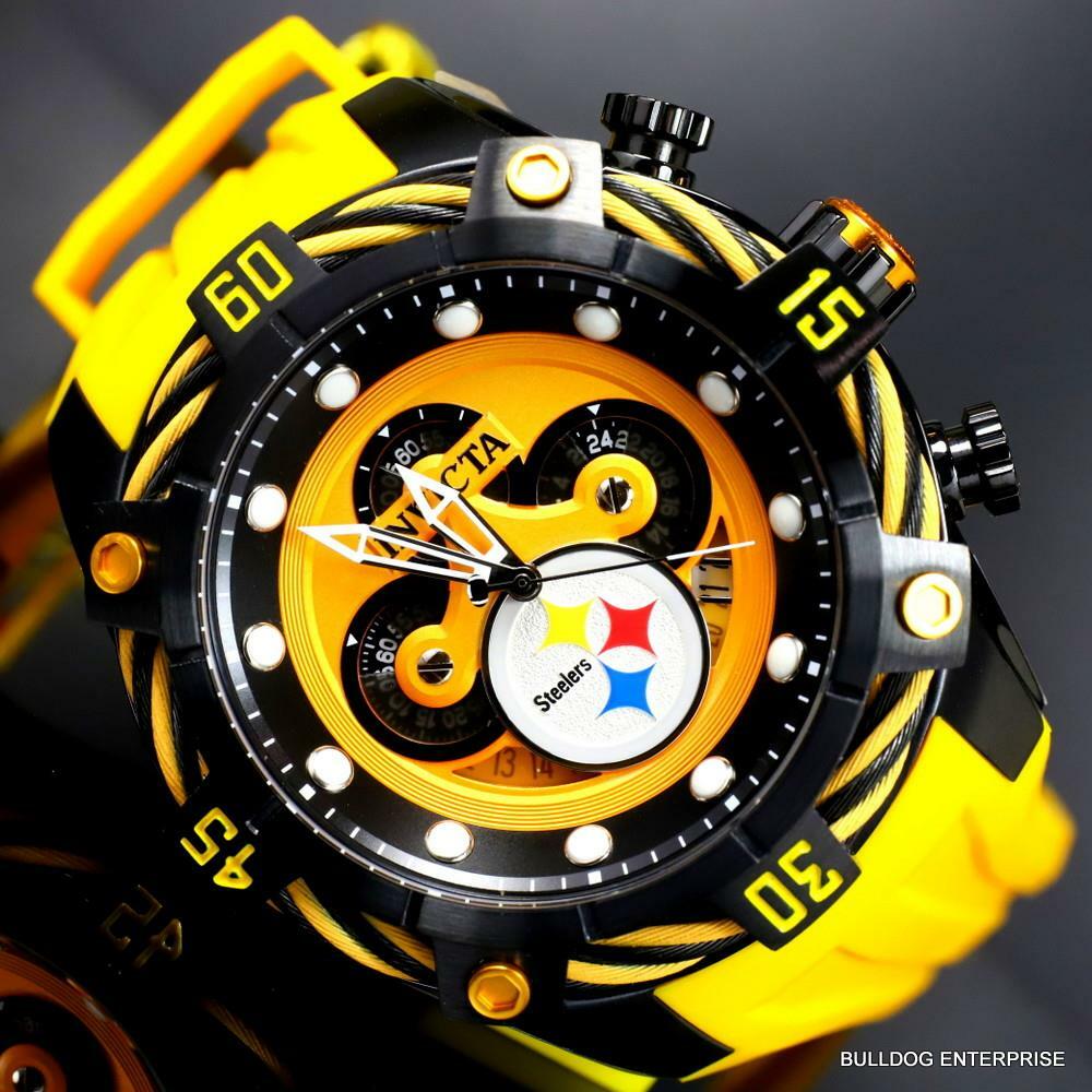 Invicta NFL Pittsburgh Steelers Bolt Yellow Chronograph Silicone Watch 52mm New