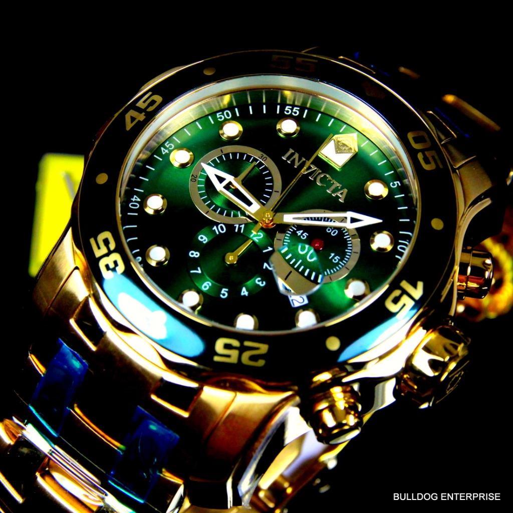 Mens Invicta Pro Diver Scuba 18kt Gold Plated Chronograph Green 48mm Watch New