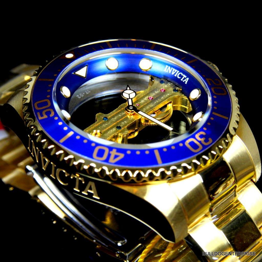 Invicta Pro Diver Ghost Bridge Mechanical Gold Plated Skeleton Blue Watch New
