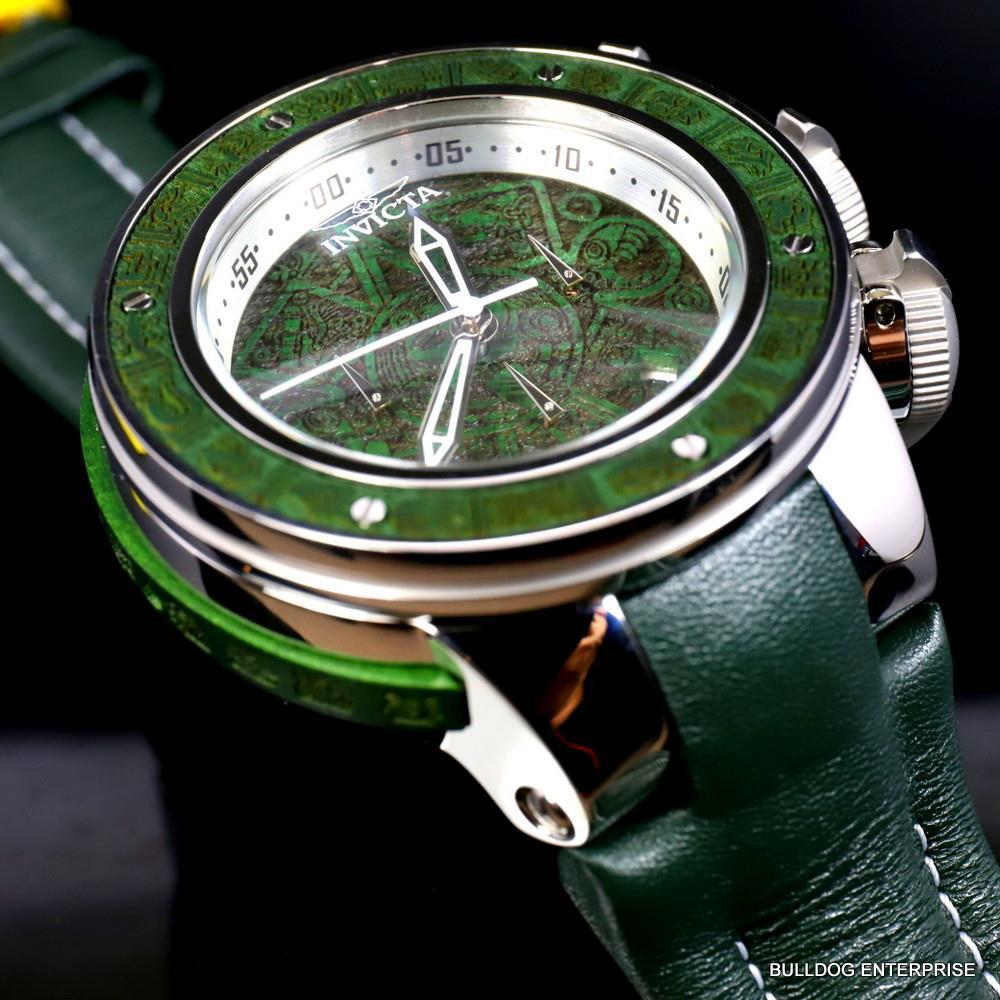 Invicta Subaqua Sea Dragon Wooden Aztec 52mm Green Leather Chronograph Watch New
