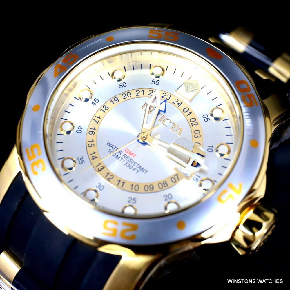 Invicta Pro Diver Scuba GMT Silver Tone Dial 18kt Gold Plated 49mm Watch New