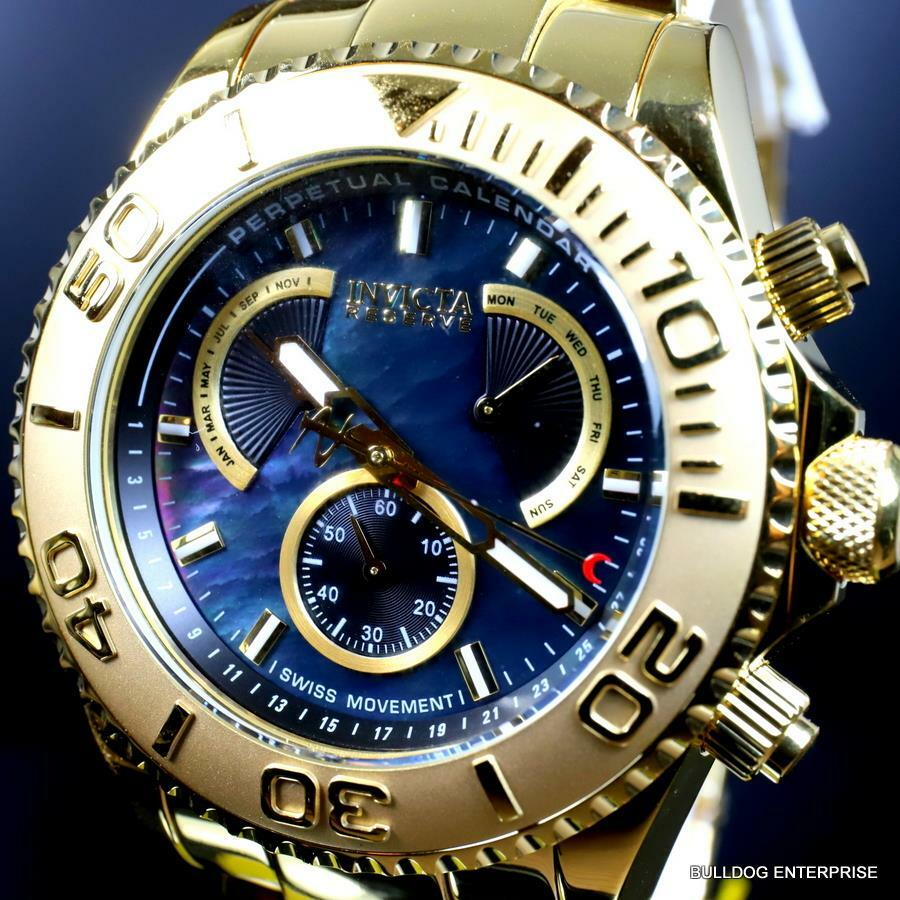 Invicta Reserve Pro Diver Swiss Mvt Black MOP Gold Plated Steel 47mm New Watch