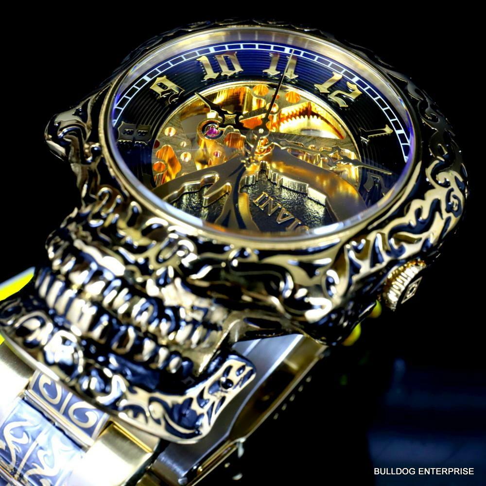 Invicta Artist Skull Automatic Skeletonized Gold Plated Steel 50mm Watch New