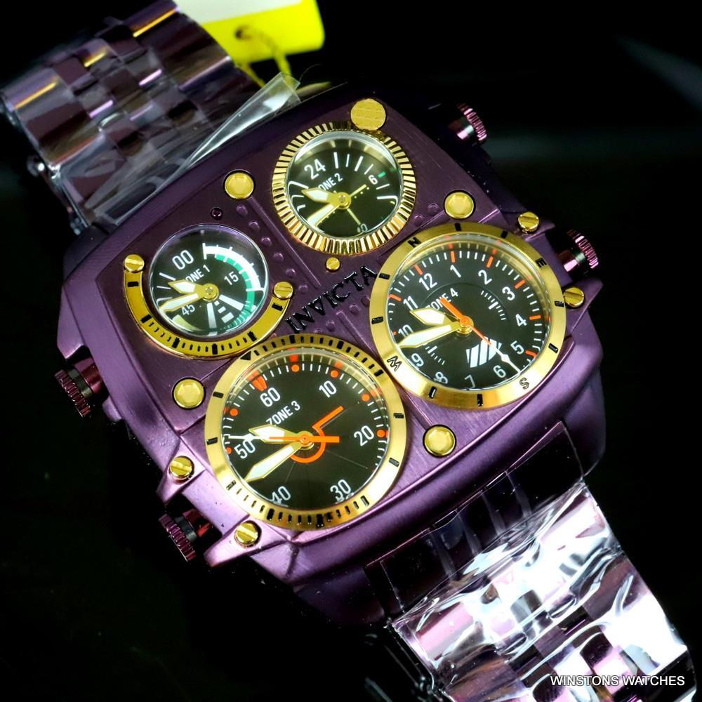 Invicta Aviator Zulu Purple Stainless Steel Bracelet Quad Time 50mm Watch New