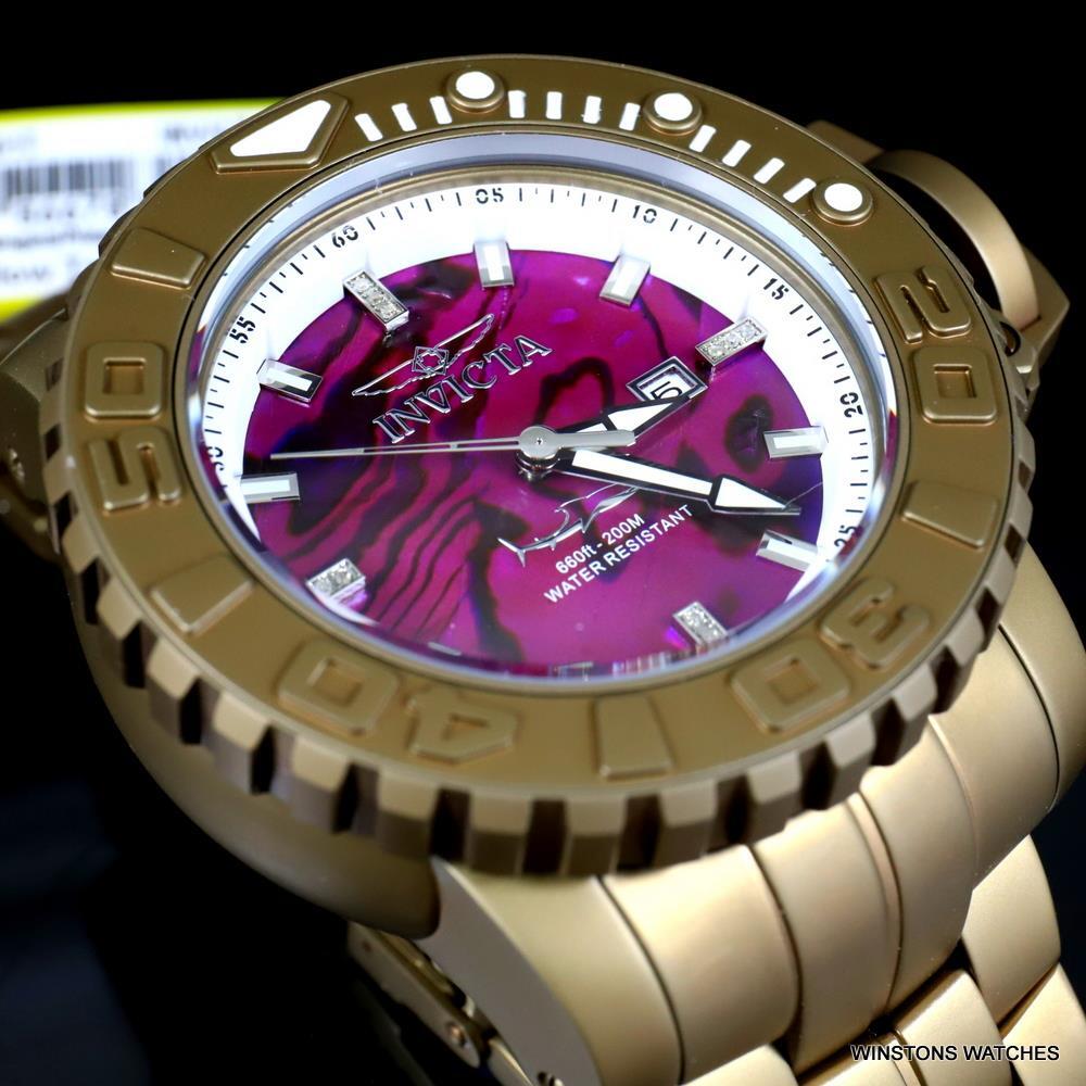 Invicta Sea Hunter Purple Abalone Khaki Steel Automatic Diamond 58mm Watch New
