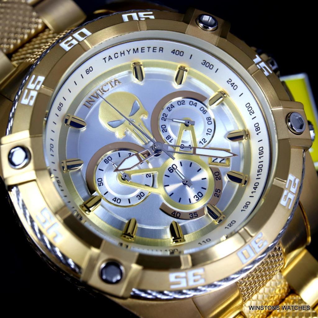 Invicta Marvel Punisher Speedway Viper Chrono Gold Plated Steel 52mm Watch New