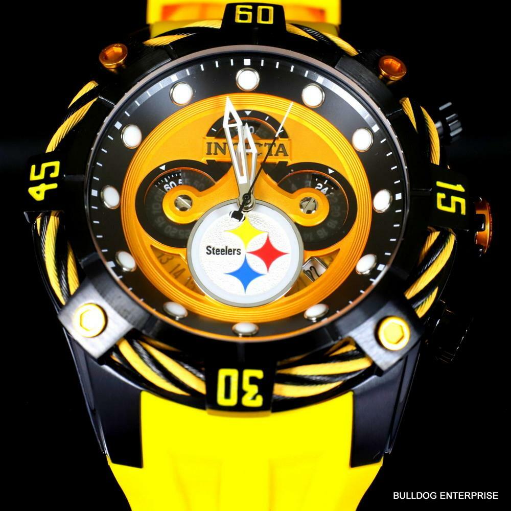 Invicta NFL Pittsburgh Steelers Bolt Yellow Chronograph Silicone Watch 52mm New