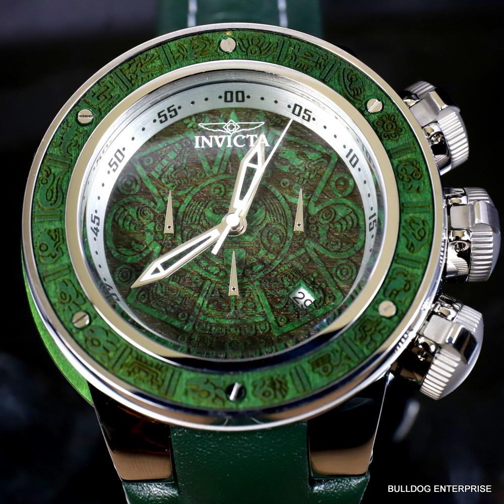Invicta Subaqua Sea Dragon Wooden Aztec 52mm Green Leather Chronograph Watch New