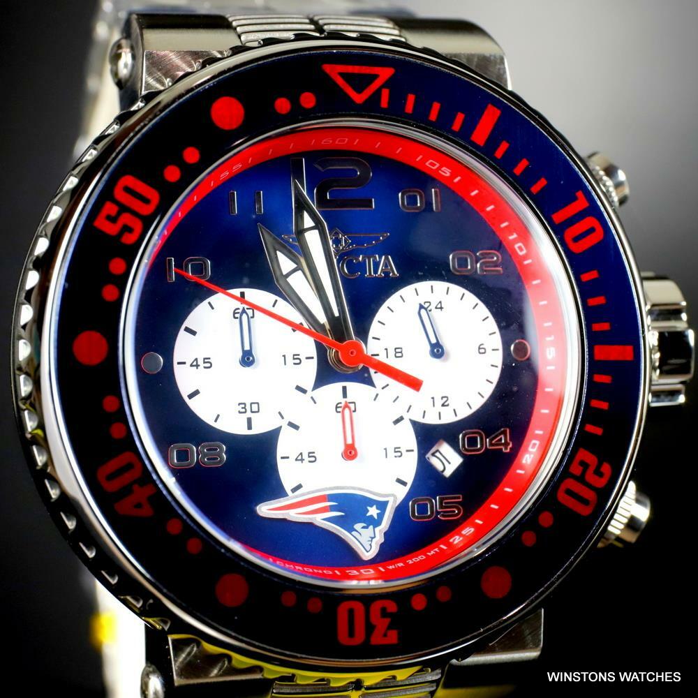 Invicta NFL Grand Pro Diver New England Blue Red Steel Chrono 52mm Watch New