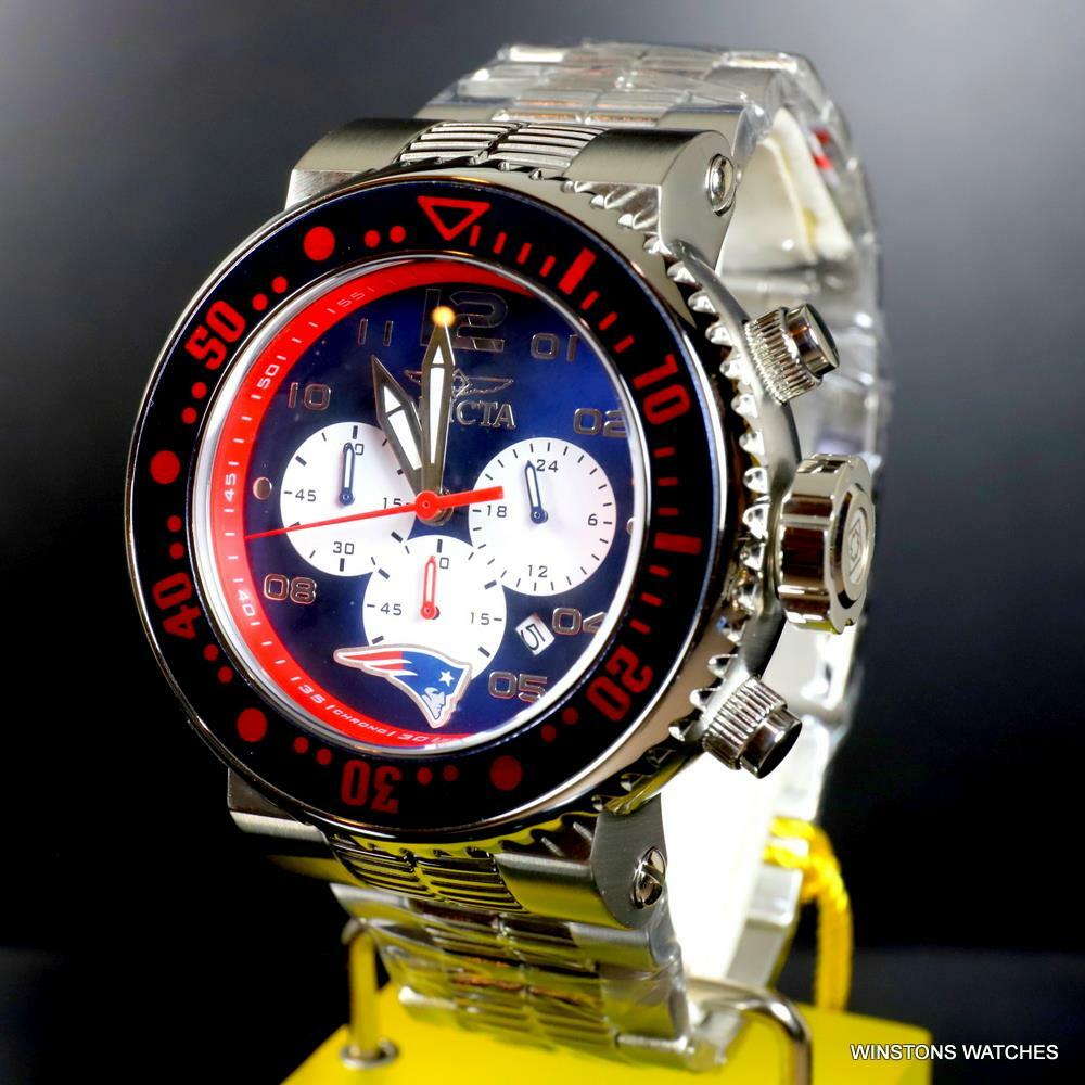 Invicta NFL Grand Pro Diver New England Blue Red Steel Chrono 52mm Watch New