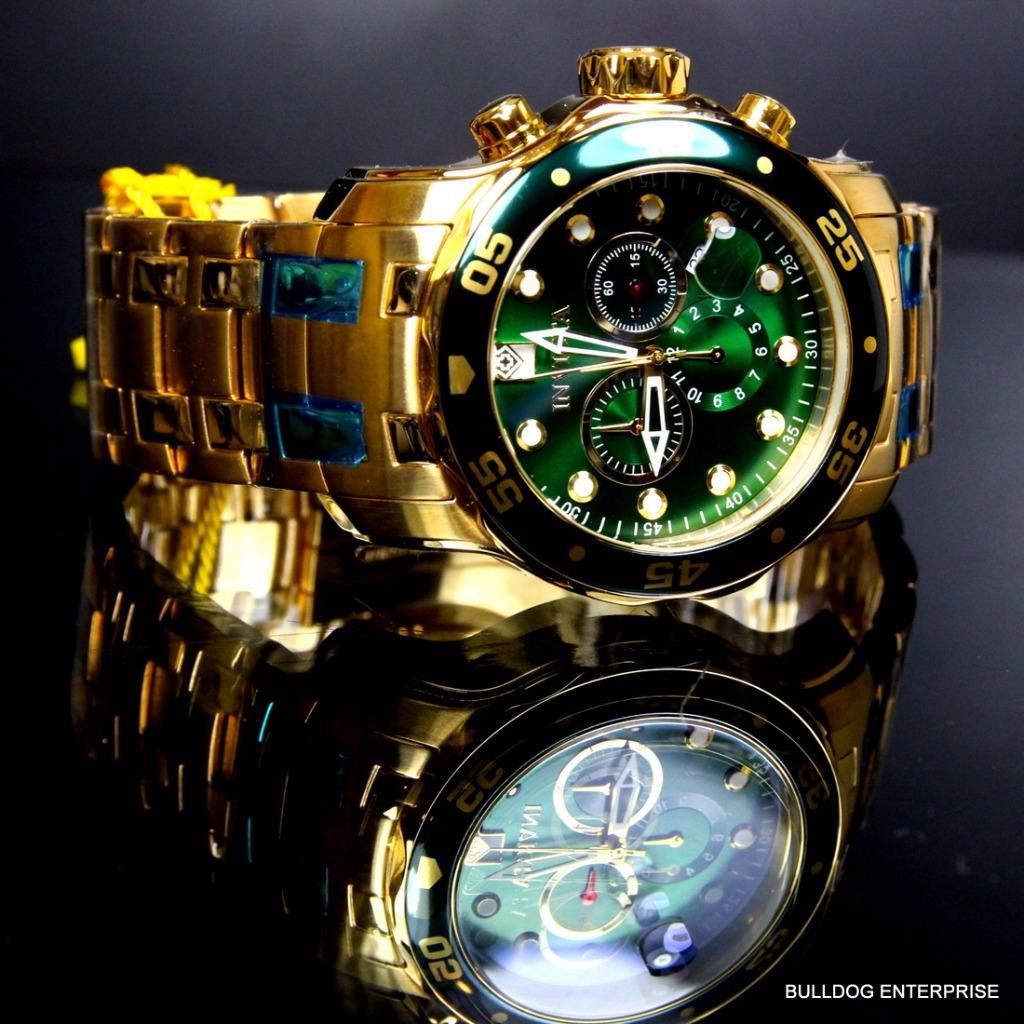Mens Invicta Pro Diver Scuba 18kt Gold Plated Chronograph Green 48mm Watch New