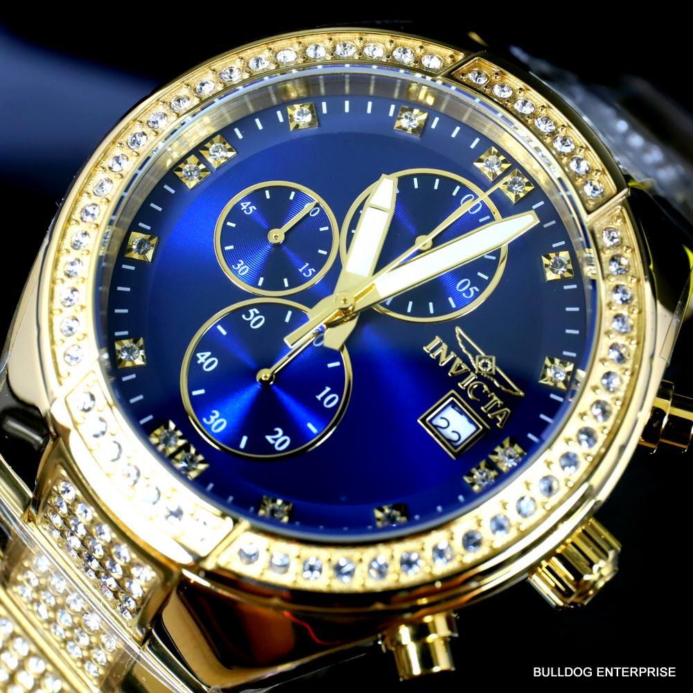 Invicta Specialty Crystal Accented Gold Plated Steel Blue 45mm Chrono Watch New
