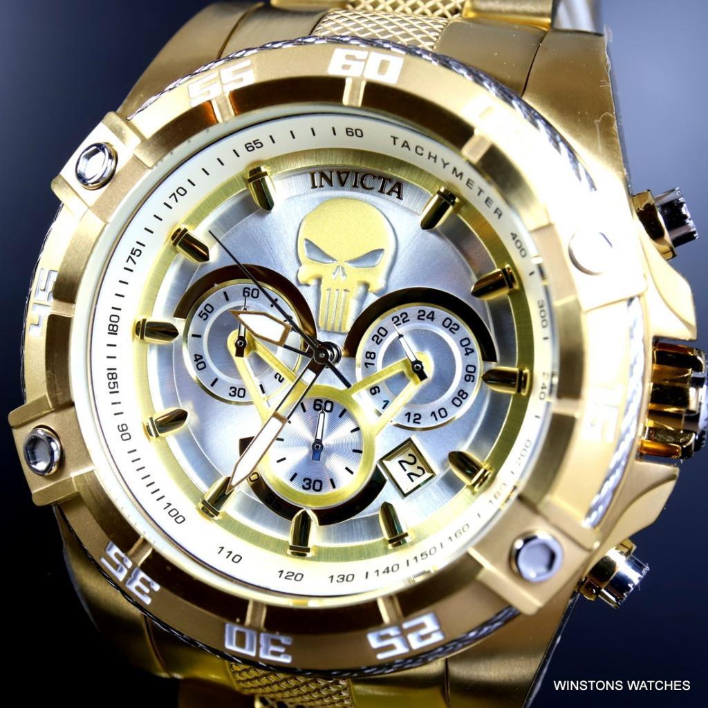 Invicta Marvel Punisher Speedway Viper Chrono Gold Plated Steel 52mm Watch New