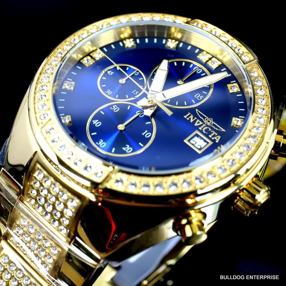 Invicta Specialty Crystal Accented Gold Plated Steel Blue 45mm Chrono Watch New