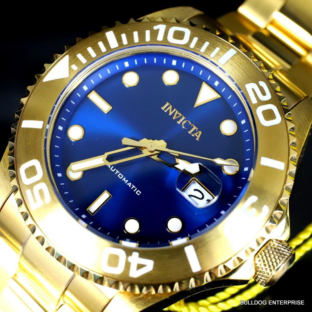 Mens Invicta Pro Diver Gold Plated Steel Bracelet Automatic Blue Watch 47mm New