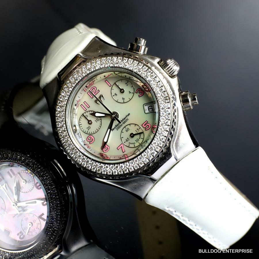 Ladys Technomarine 128 Diamonds Swiss Made Chrono White MOP Leather Watch New