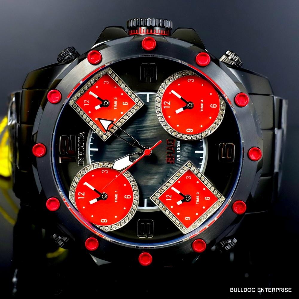Invicta Shaq Diamond 5 Time Zone Red MOP Black Steel Chronograph 58mm Watch New