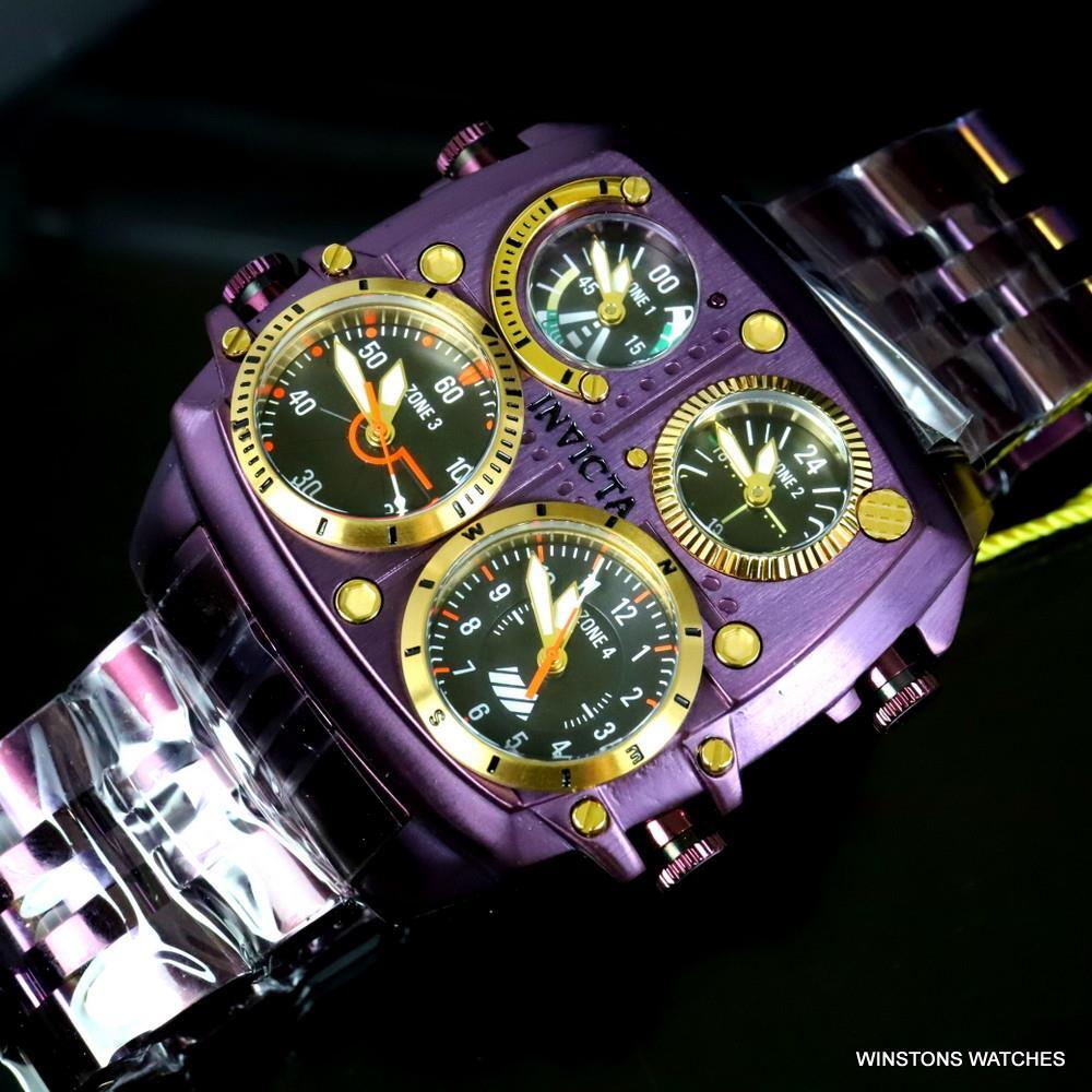Invicta Aviator Zulu Purple Stainless Steel Bracelet Quad Time 50mm Watch New