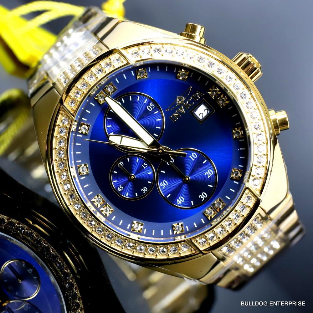 Invicta Specialty Crystal Accented Gold Plated Steel Blue 45mm Chrono Watch New