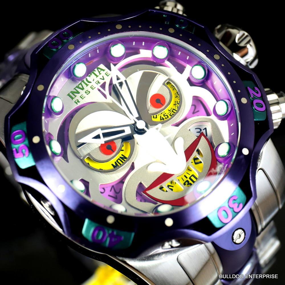 Invicta DC Comics Joker Venom Silver Tone Steel Purple Swiss Mvt 52mm Watch New