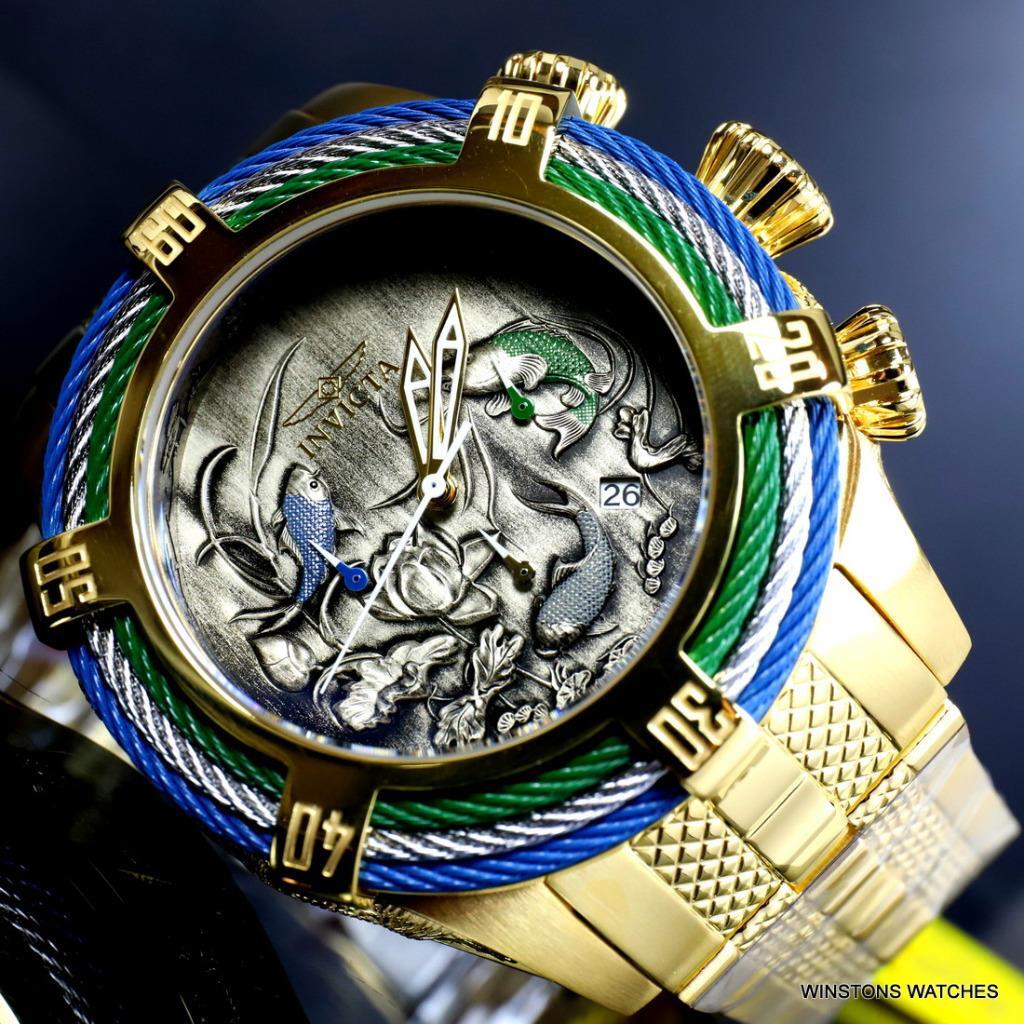 Invicta Bolt Tri Cable Green Blue Koi 54mm Gold Plated Steel Chrono Watch New