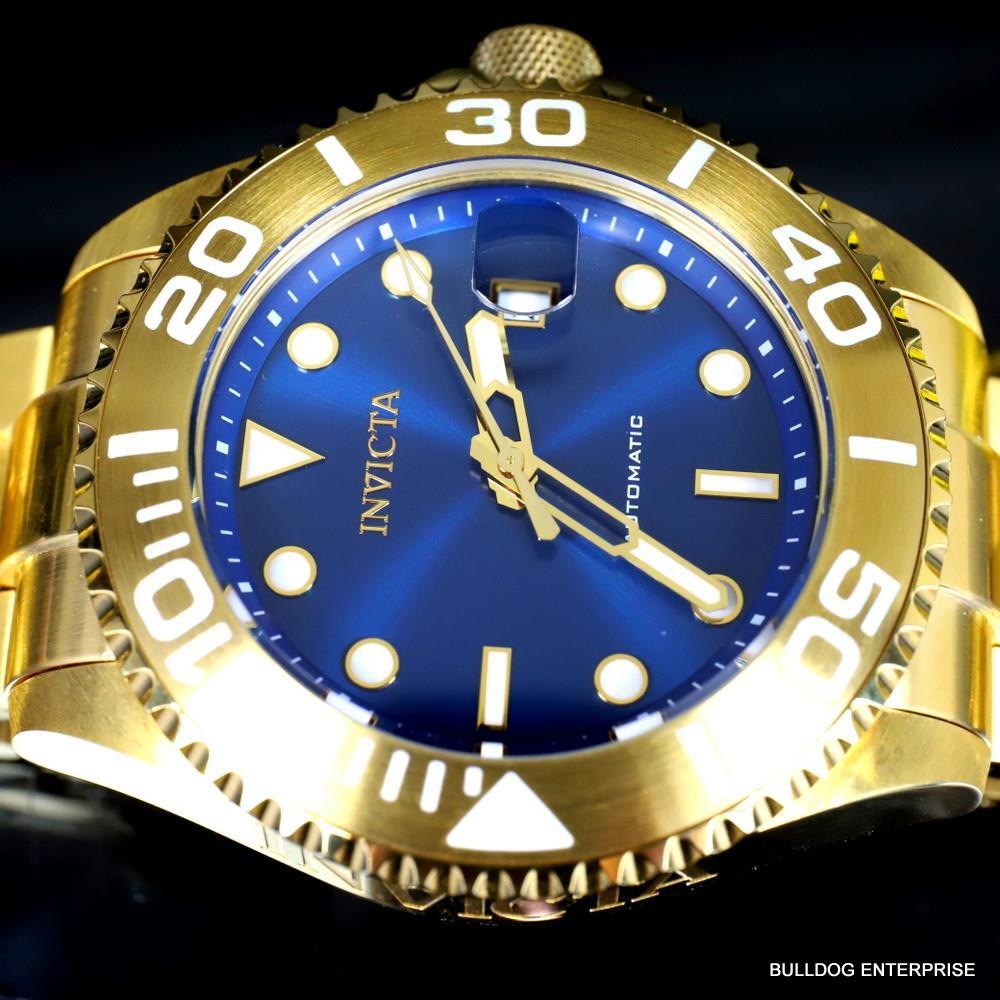 Mens Invicta Pro Diver Gold Plated Steel Bracelet Automatic Blue Watch 47mm New