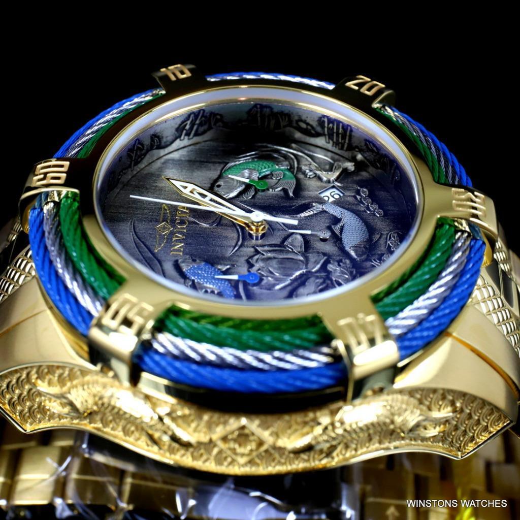 Invicta Bolt Tri Cable Green Blue Koi 54mm Gold Plated Steel Chrono Watch New