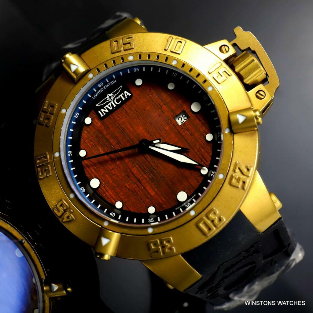 Invicta Subaqua Noma III Swiss Made Wood 50mm Distressed Gold Plated Watch New
