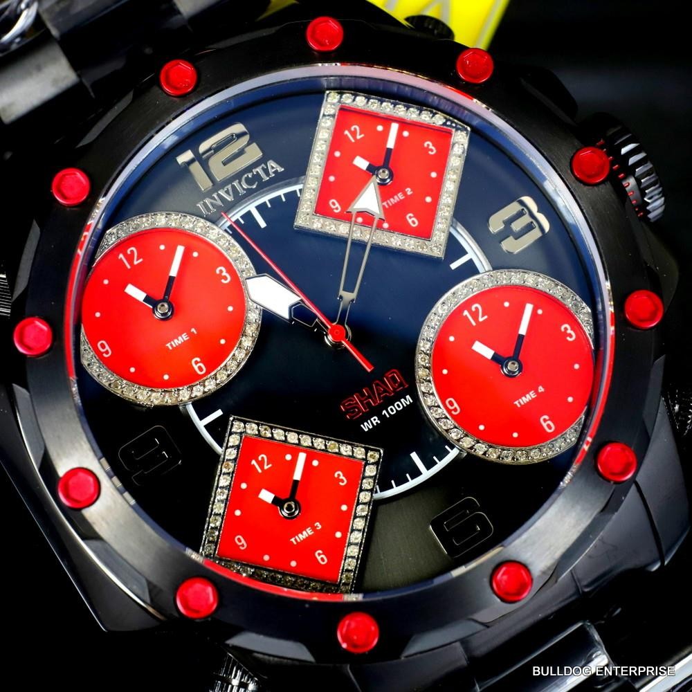 Invicta Shaq Diamond 5 Time Zone Red MOP Black Steel Chronograph 58mm Watch New