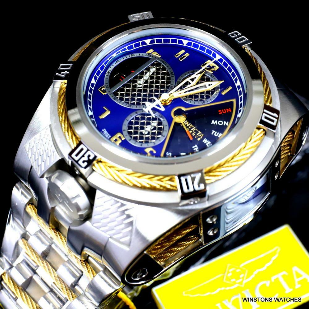 Invicta Bolt Zeus Tria Twisted Metal Steel 3 Swiss Dials Blue 52mm Watch New