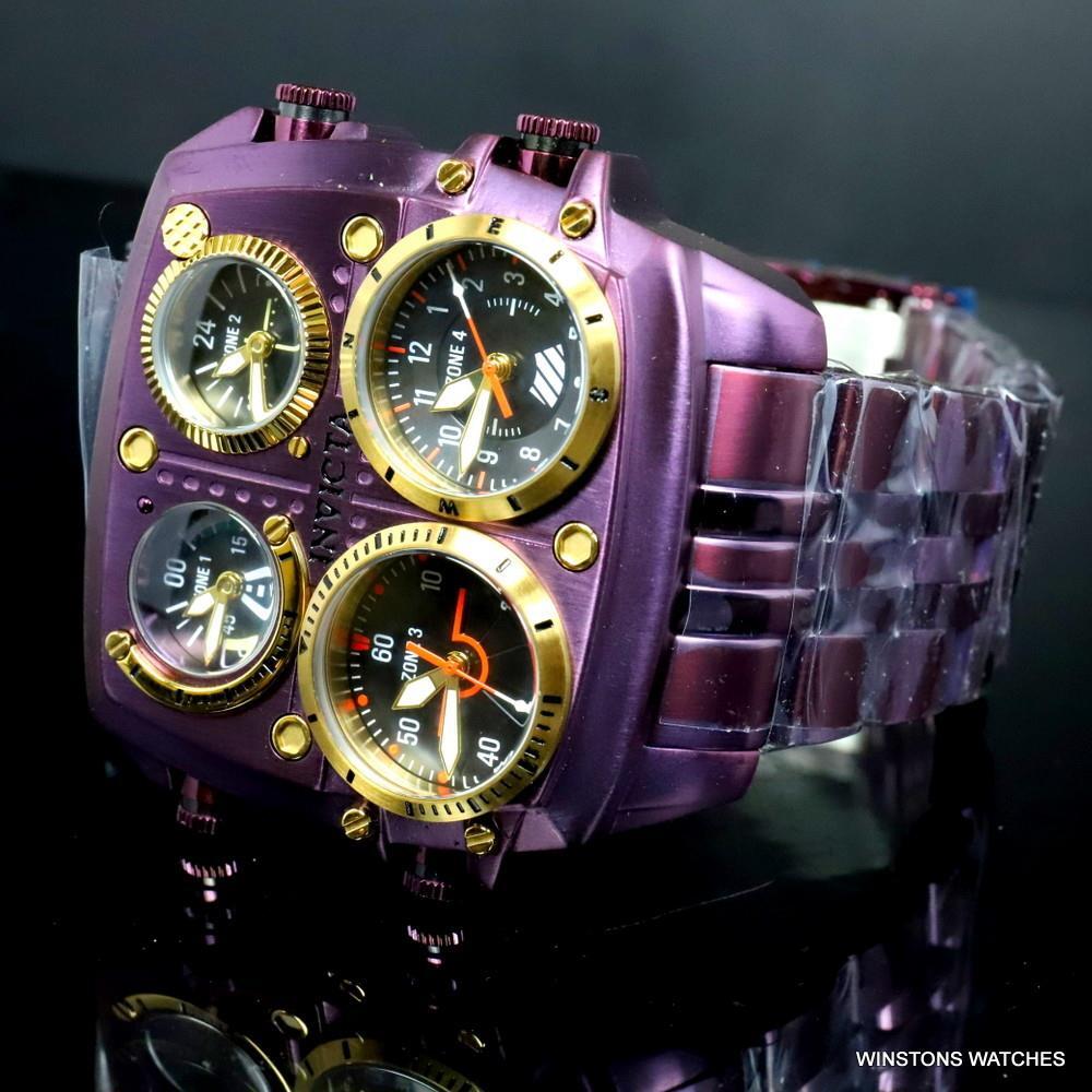 Invicta Aviator Zulu Purple Stainless Steel Bracelet Quad Time 50mm Watch New