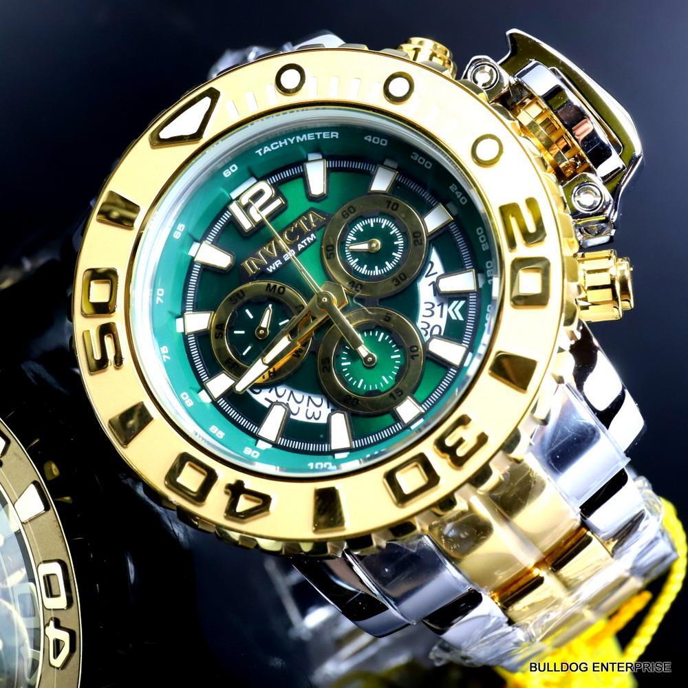 Men's Invicta Sea Hunter Gen II Green 2 Tone Gold Plated 70mm Swiss Watch New