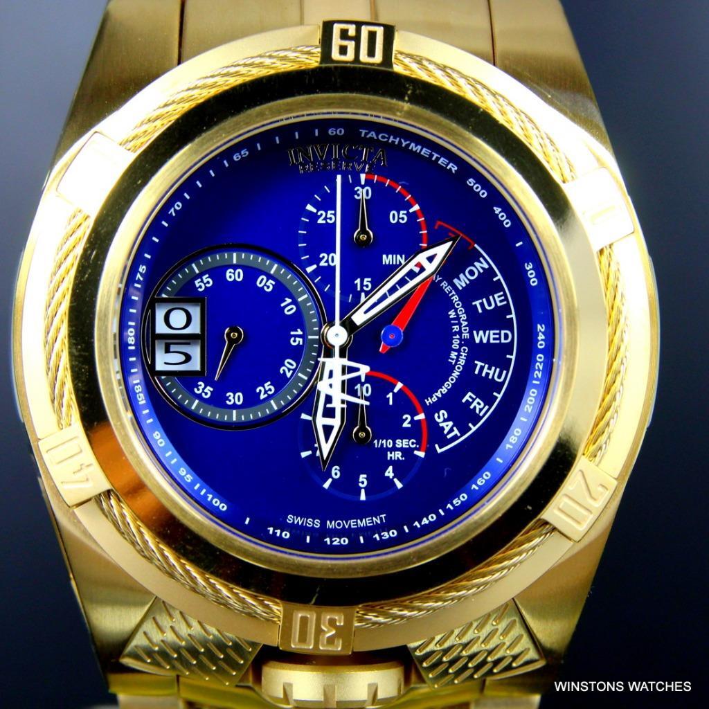 Invicta Bolt Zeus Tria Gold Plated Steel Blue 3 Swiss Mvt Dials 52mm Watch New