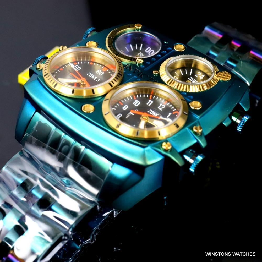 Invicta Aviator Zulu Green Stainless Steel Bracelet Quad Time 50mm Watch New