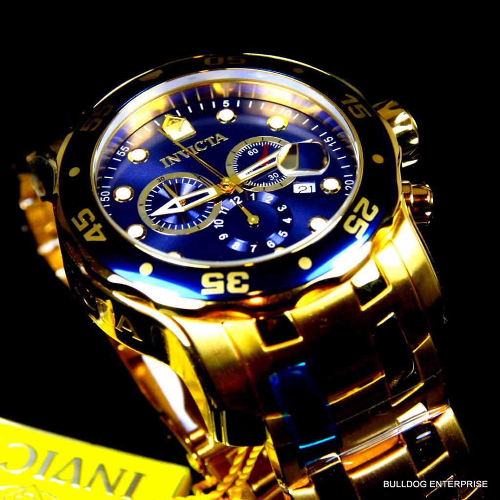 Invicta Pro Diver Scuba 18kt Gold Plated Steel Chronograph Blue 48mm Watch New
