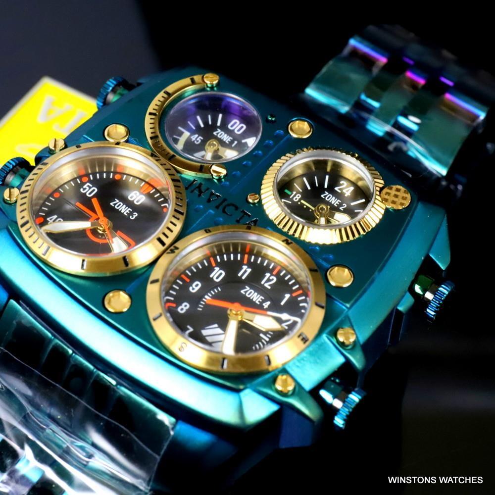 Invicta Aviator Zulu Green Stainless Steel Bracelet Quad Time 50mm Watch New