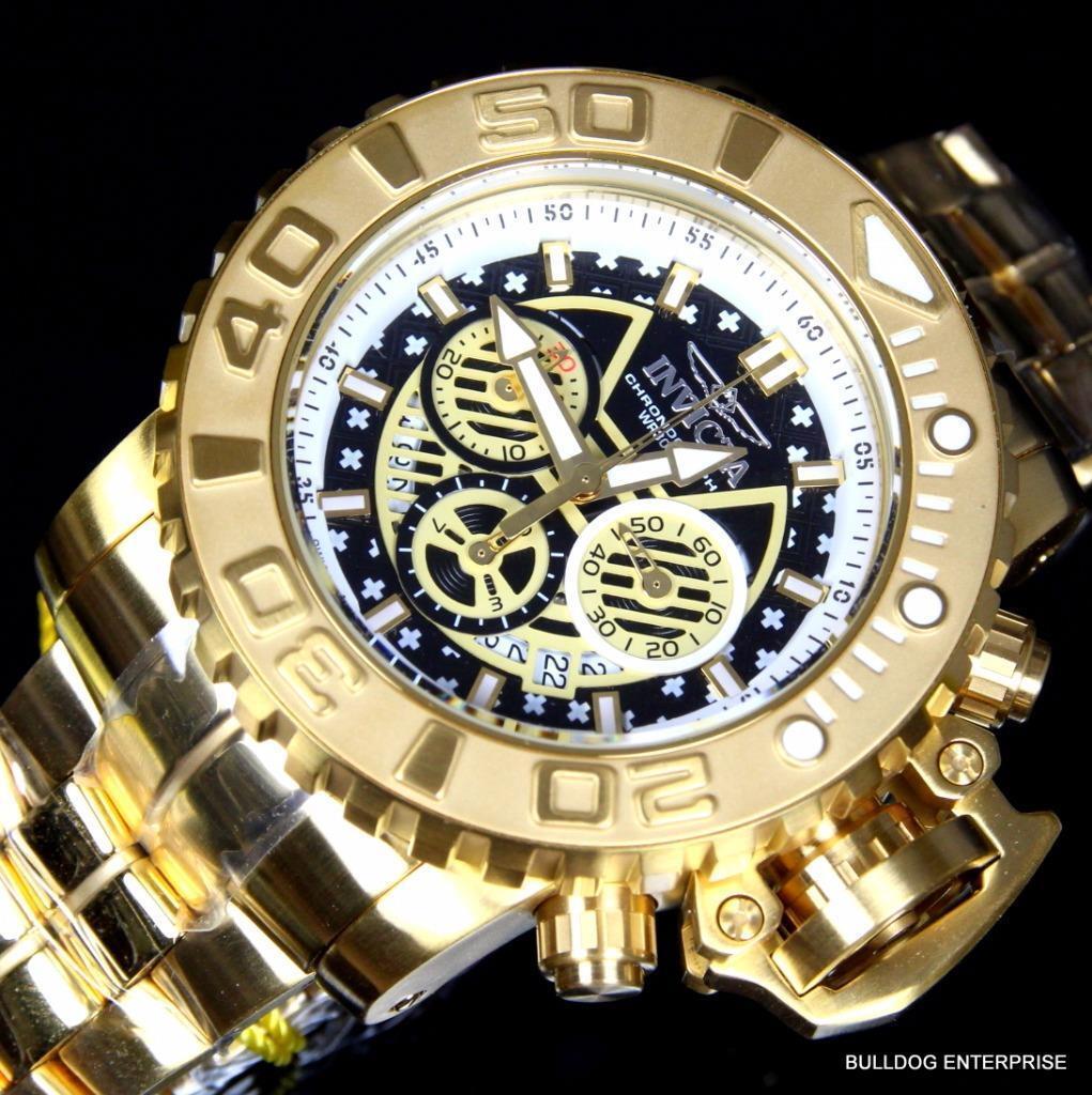 Invicta Sea Hunter III Black 70mm Swiss Mvt Chrono 18kt Gold Plated Watch New