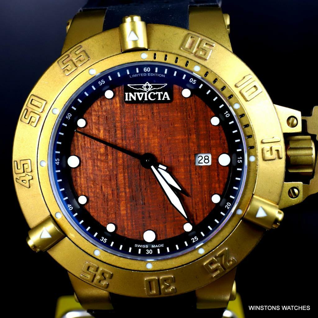 Invicta Subaqua Noma III Swiss Made Wood 50mm Distressed Gold Plated Watch New