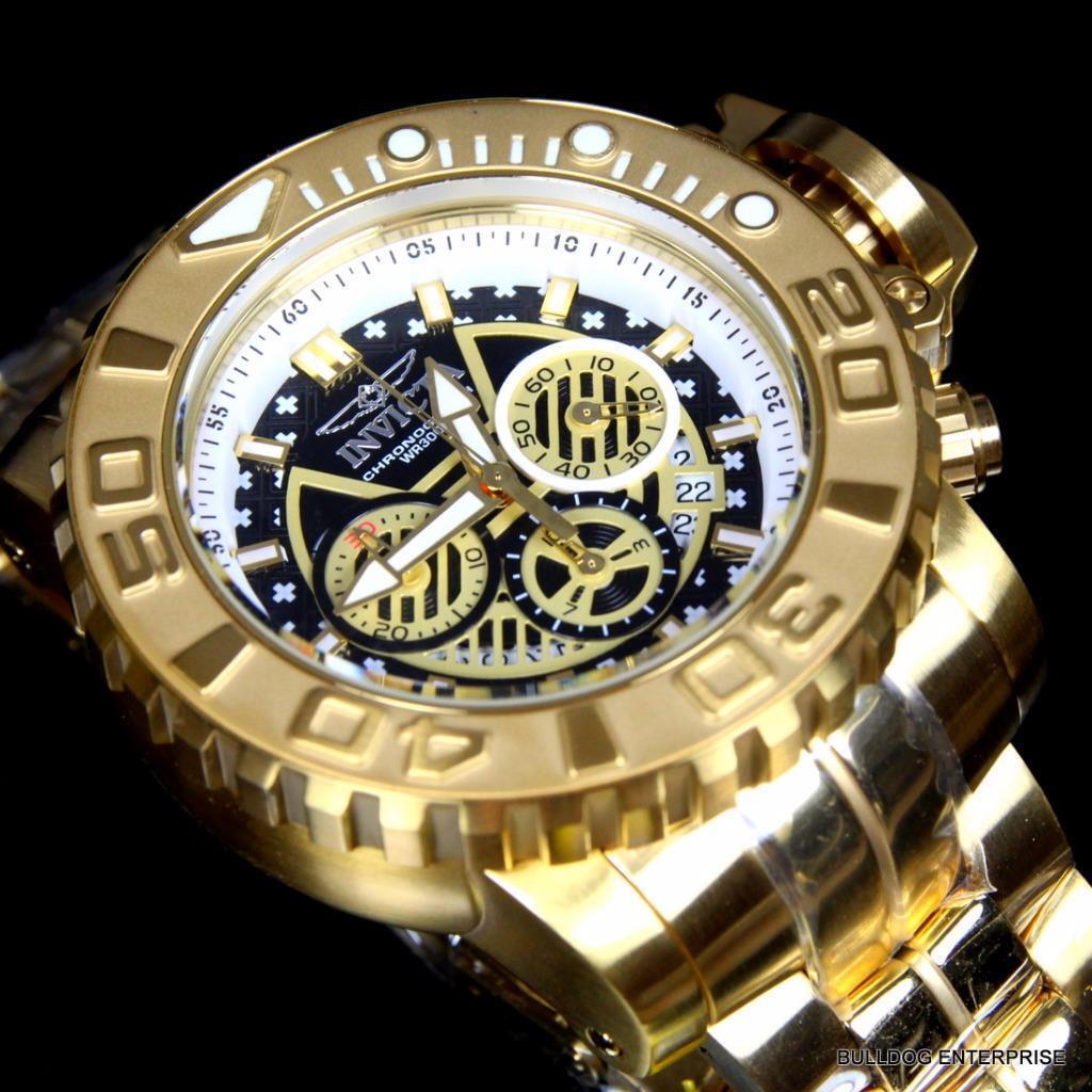 Invicta Sea Hunter III Black 70mm Swiss Mvt Chrono 18kt Gold Plated Watch New
