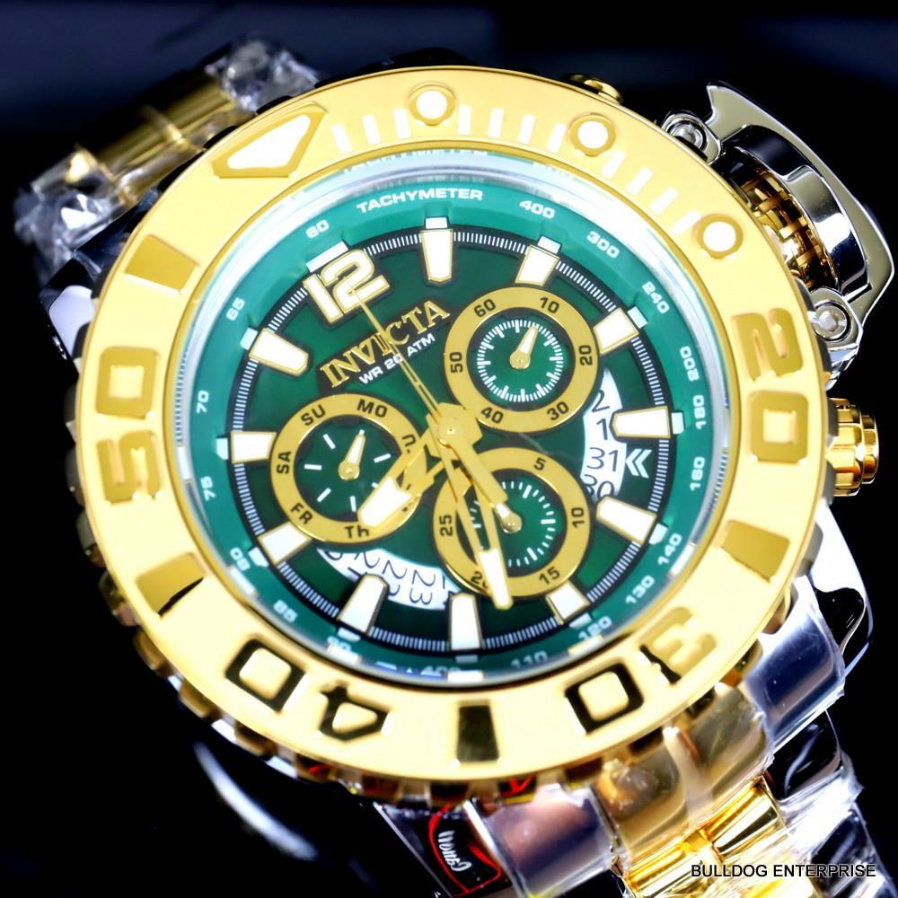 Men's Invicta Sea Hunter Gen II Green 2 Tone Gold Plated 70mm Swiss Watch New
