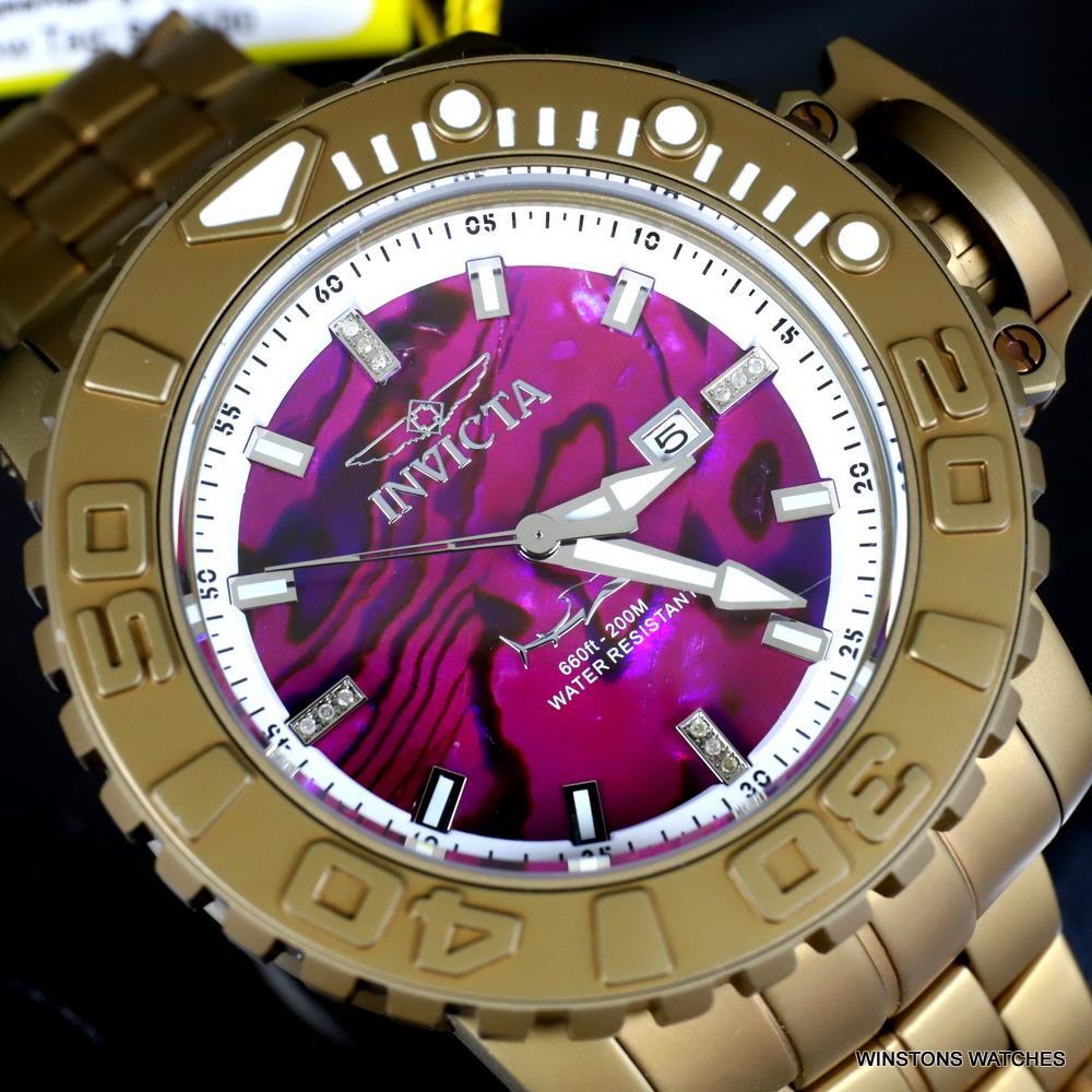 Invicta Sea Hunter Purple Abalone Khaki Steel Automatic Diamond 58mm Watch New