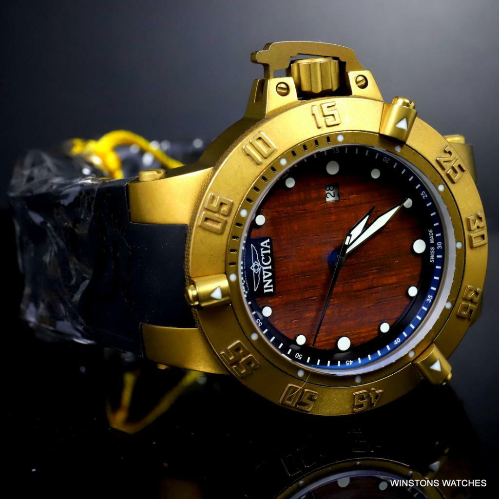 Invicta Subaqua Noma III Swiss Made Wood 50mm Distressed Gold Plated Watch New