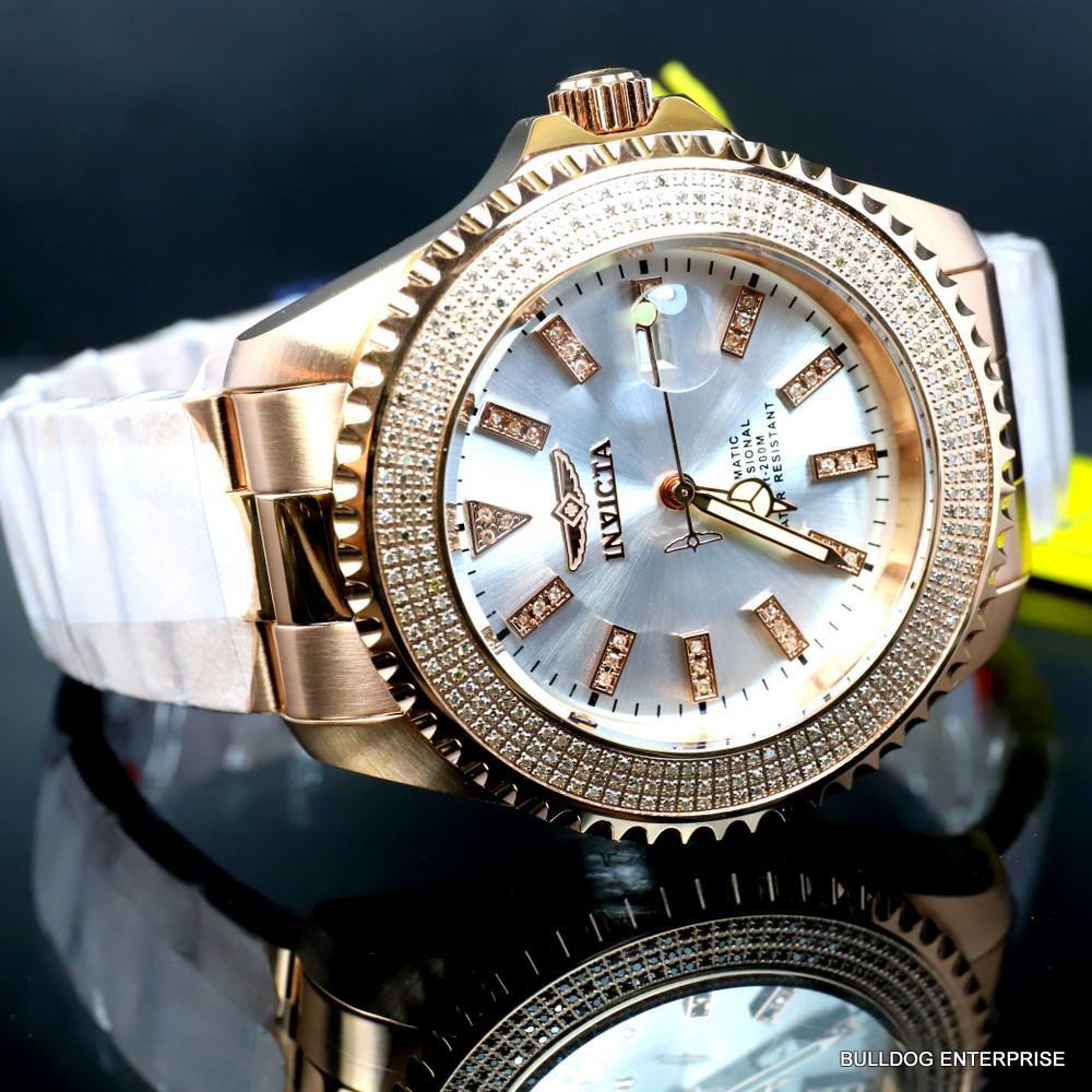 Invicta Pro Diver Automatic1.40 CTW Diamond Rose Gold Plated Silver Watch New