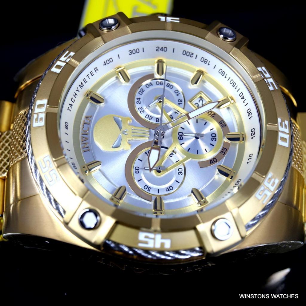 Invicta Marvel Punisher Speedway Viper Chrono Gold Plated Steel 52mm Watch New