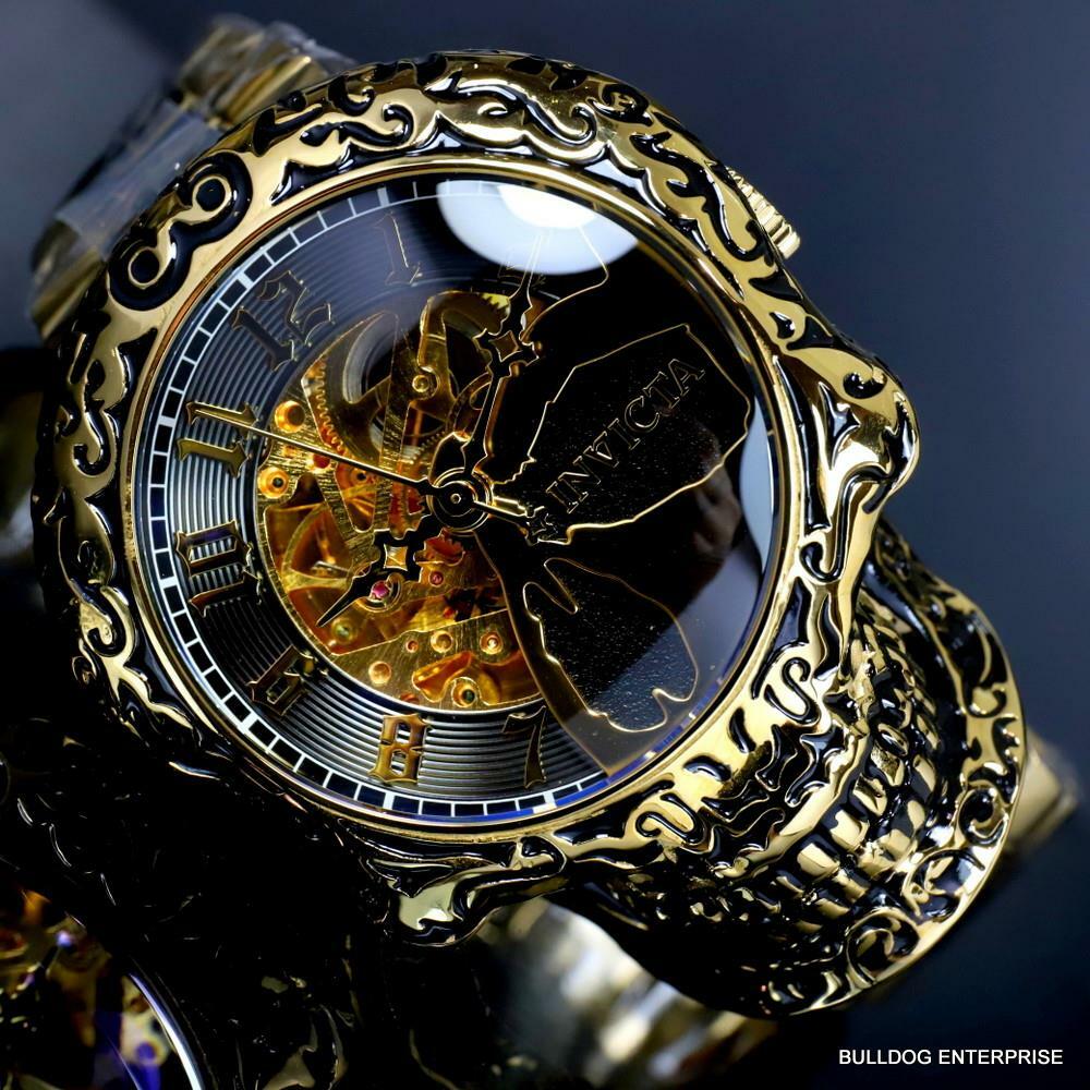Invicta Artist Skull Automatic Skeletonized Gold Plated Steel 50mm Watch New