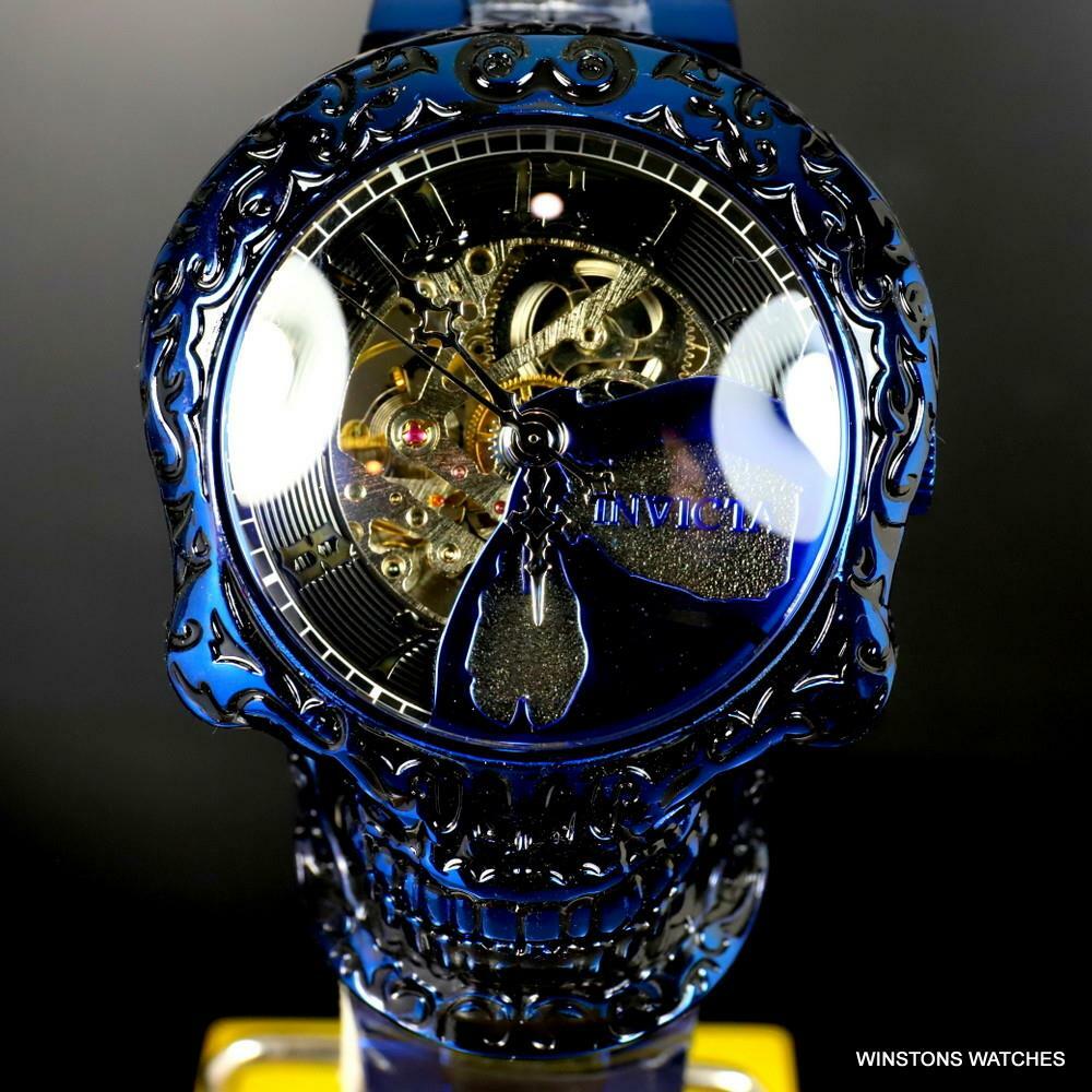 Invicta Artist Skull Automatic Skeletonized Blue Stainless Steel 50mm Watch New
