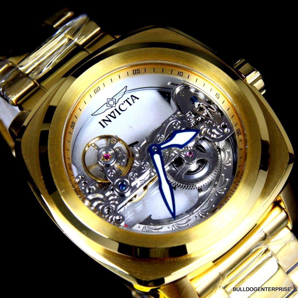 Mens Invicta Aviator Ghost Bridge Mechanical Skeleton Gold Plated 48mm Watch New
